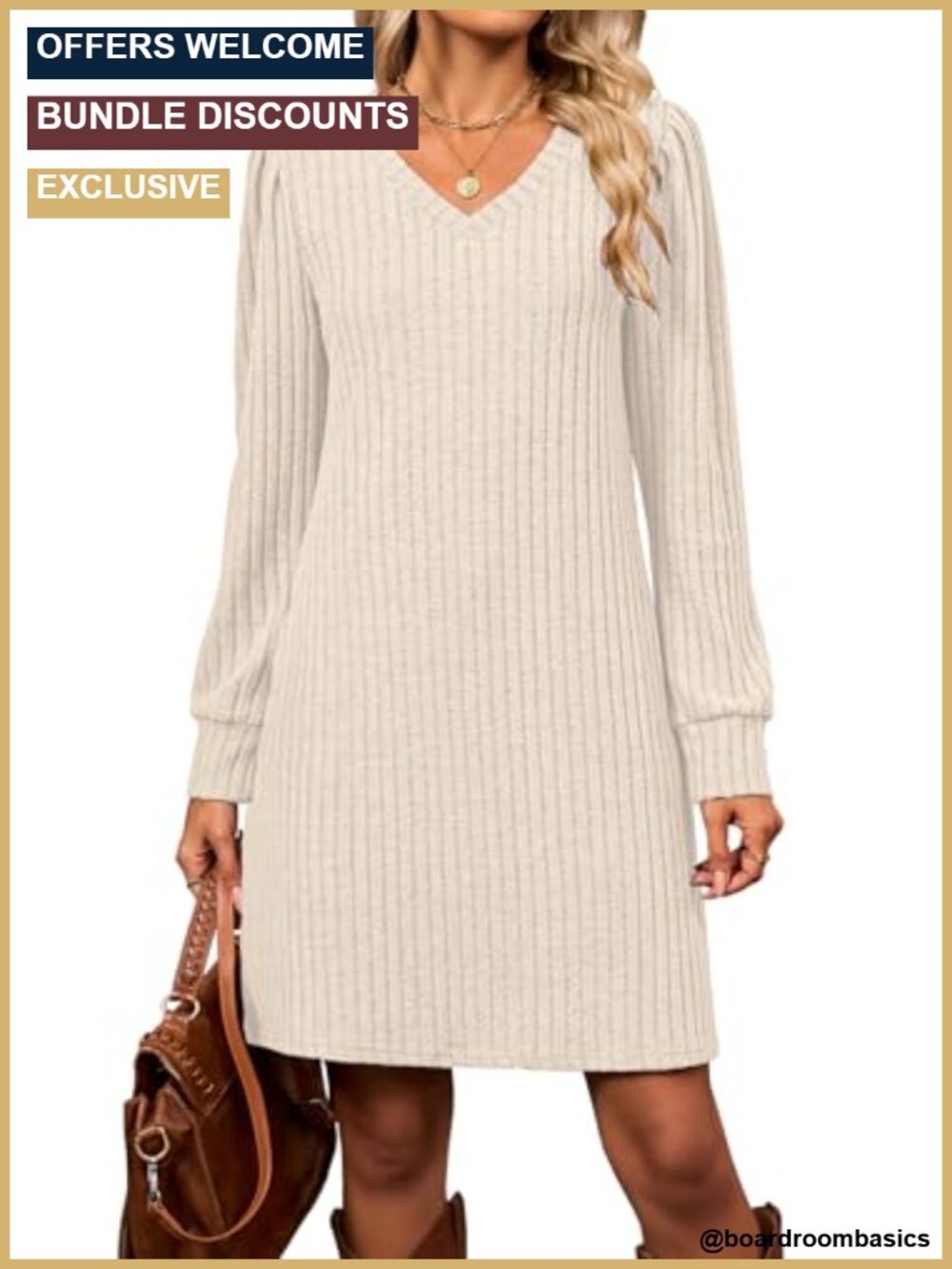Ribbed Knit Long Sleeve V-Neck A-Line Tunic Sweater Dress with Pockets